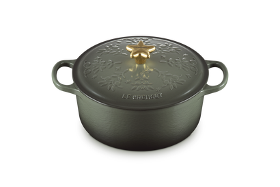 Cast Iron Christmas Round Casserole with Gold Star Knob and Tree Relief
