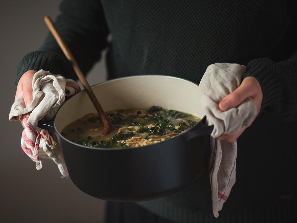 Mushroom, Kale and Spelt Broth with Parsley and Cheddar Dumplings