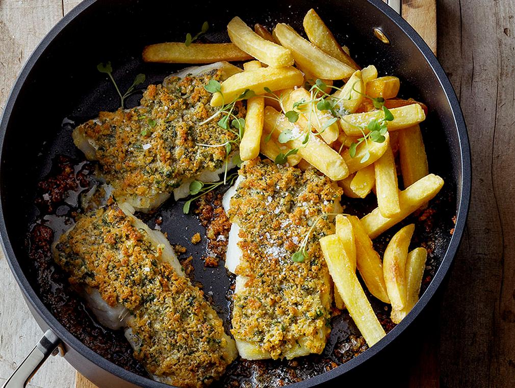 Parmesan and Herb Crusted Hake with Twice-cooked Chips
