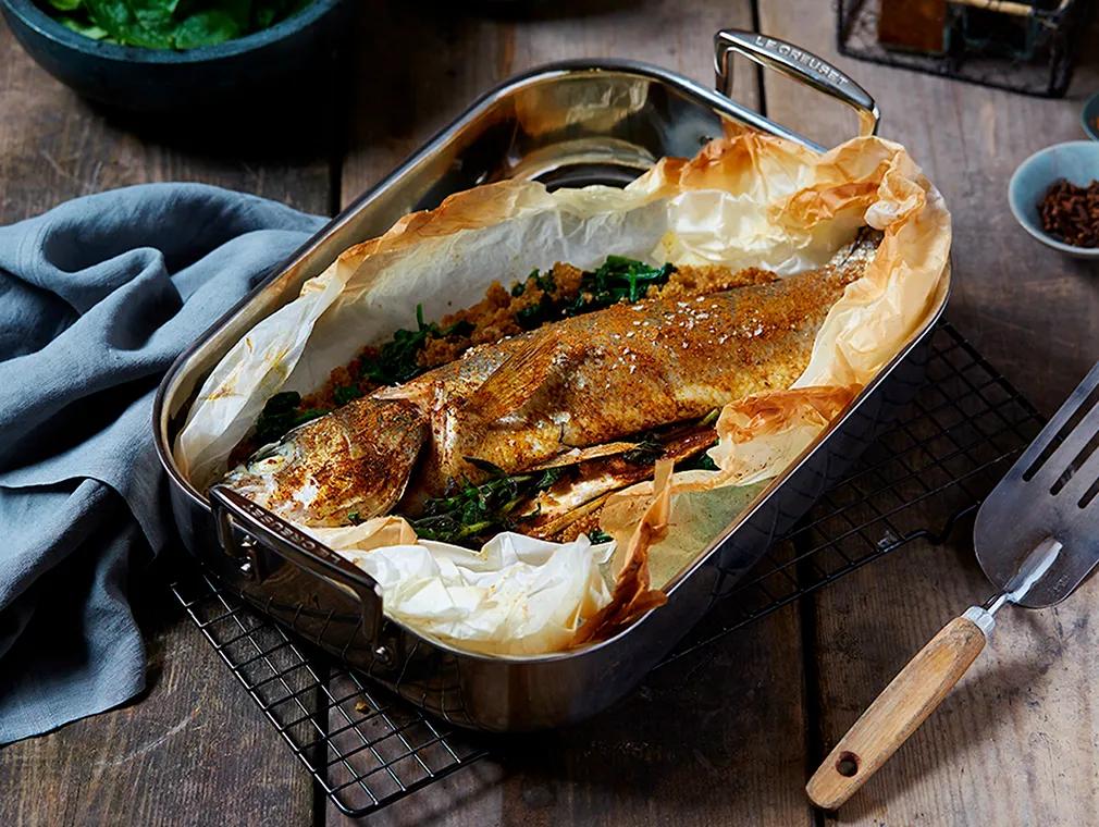 Spiced Whole Baked Seabass with Braised Quinoa