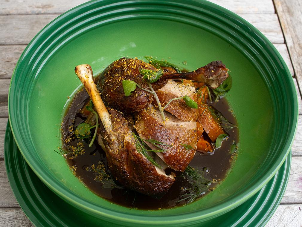 Glazed duck, Grilled Kumara, Watercress & Peas